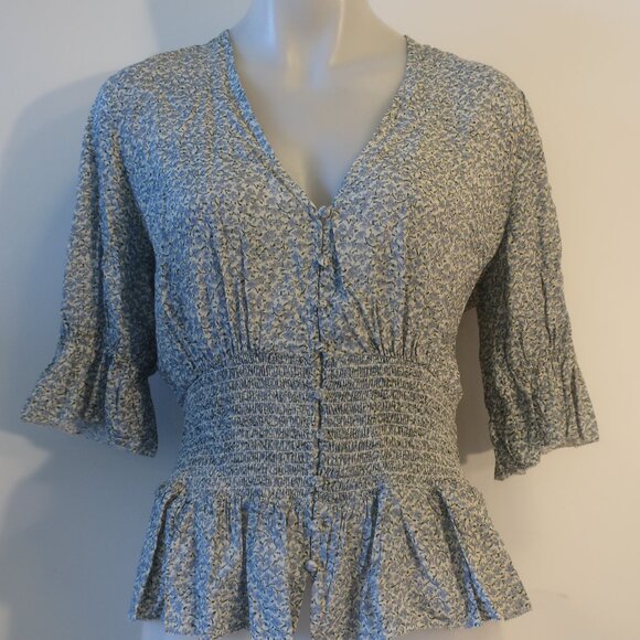 Womens Notes Du Nord Green, Blue Floral Short Sleeve Blouse 38 EUR/US 8 - Picture 2 of 9